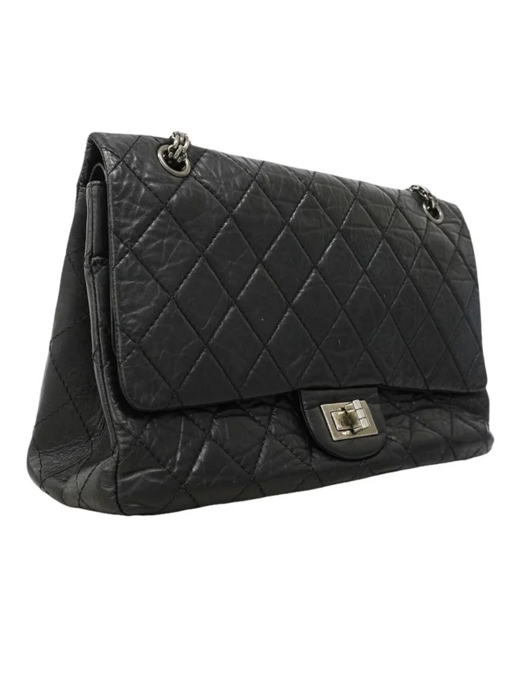 Chanel Shoulder Bag 2.55 Quilted Leather Black Silver